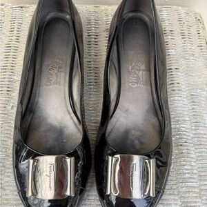 Salvatore Ferragamo Black Patent Leather Loafers with Silver Accents